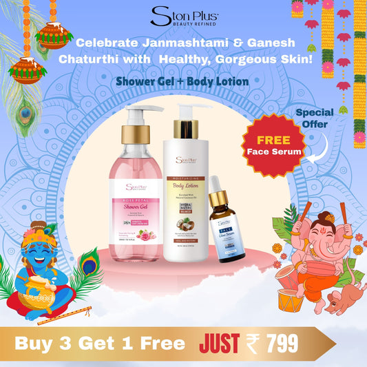 Ston Plus Janmashtami & Ganesh Chaturthi Skin Care Combo – Shower Gel + Body Lotion + Free Serum | Festive Offer ₹799