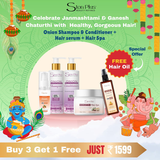 Ston Plus Janmashtami & Ganesh Chaturthi Special Hair Care Combo – Onion Shampoo + Conditioner + Hair Serum + Hair Spa (FREE Hair Oil)