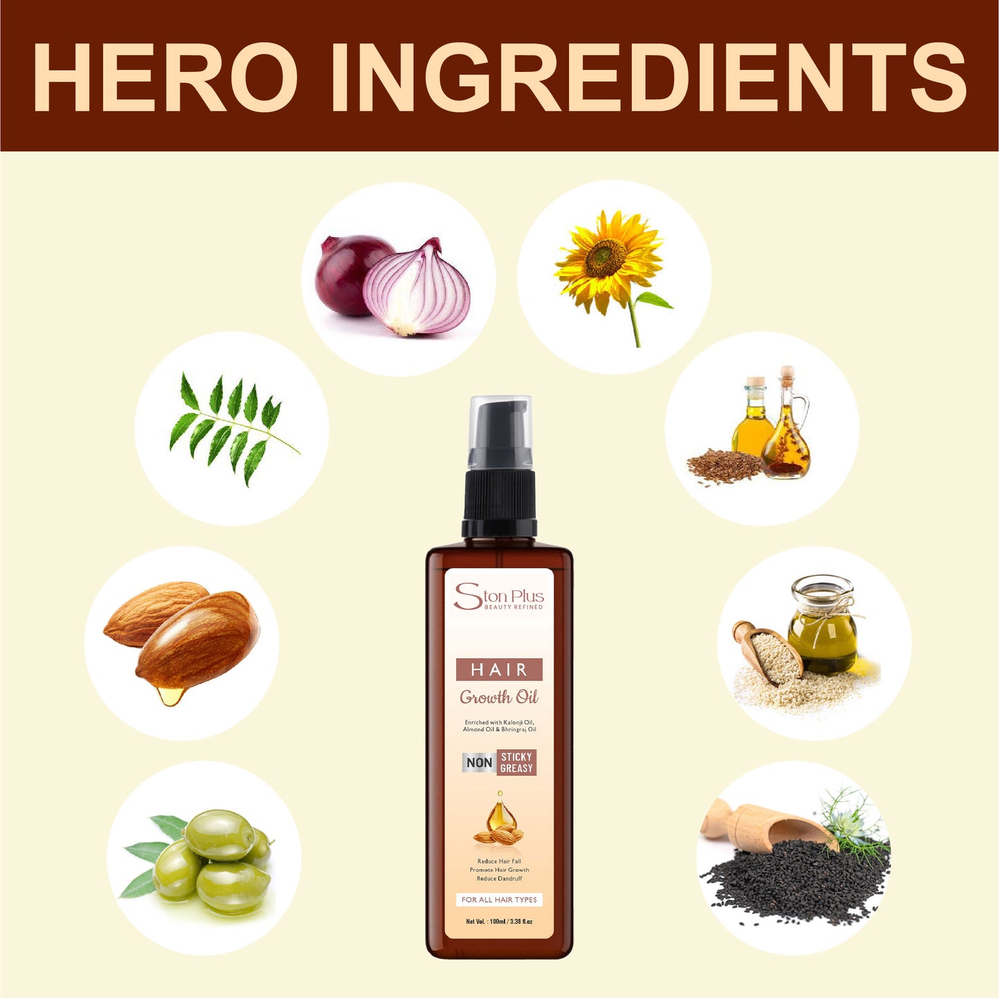 Ston Plus Hair Growth Oil – Non-Sticky, Enriched with Bhringraj & Almond Oil (100ml)