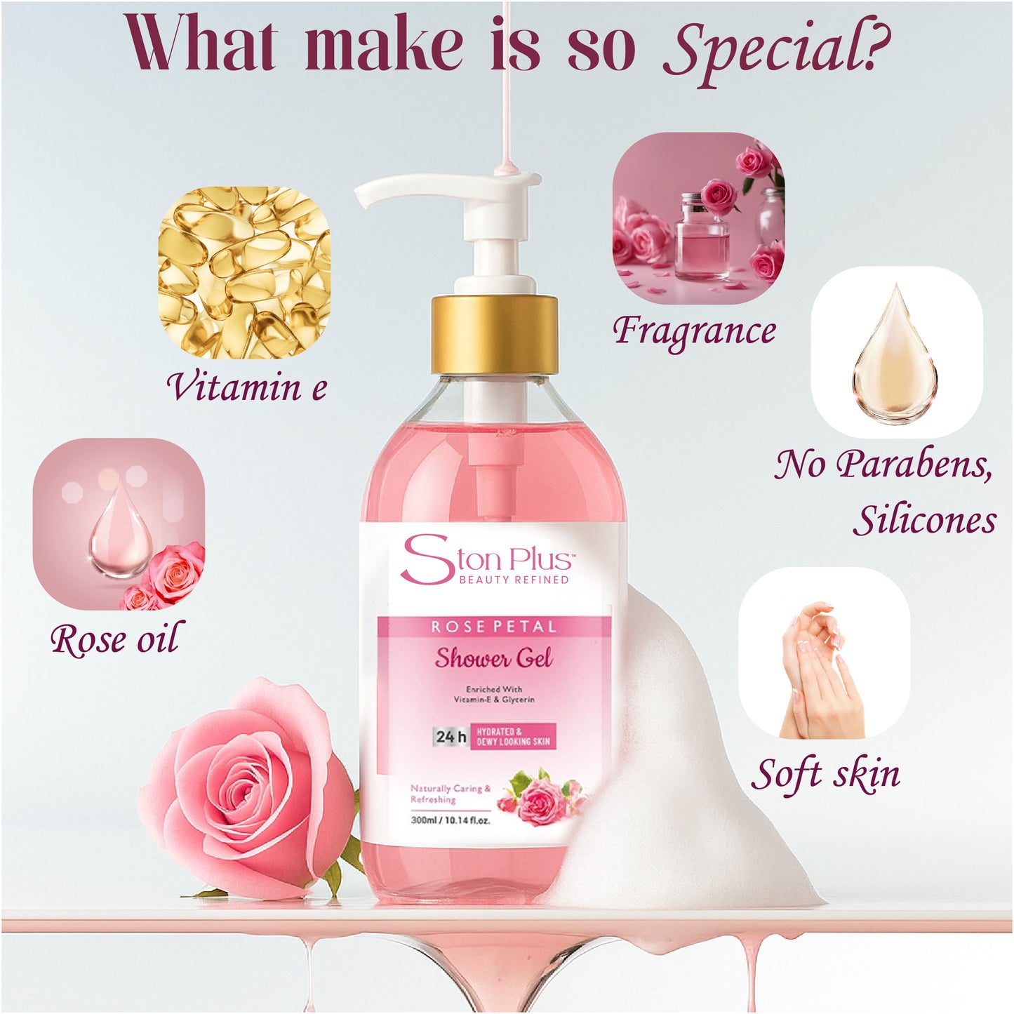 Ston Plus Rose Petal Shower Gel – Hydrating & Refreshing Body Wash (300ml)