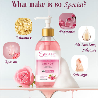 Ston Plus Rose Petal Shower Gel – Hydrating & Refreshing Body Wash (300ml)